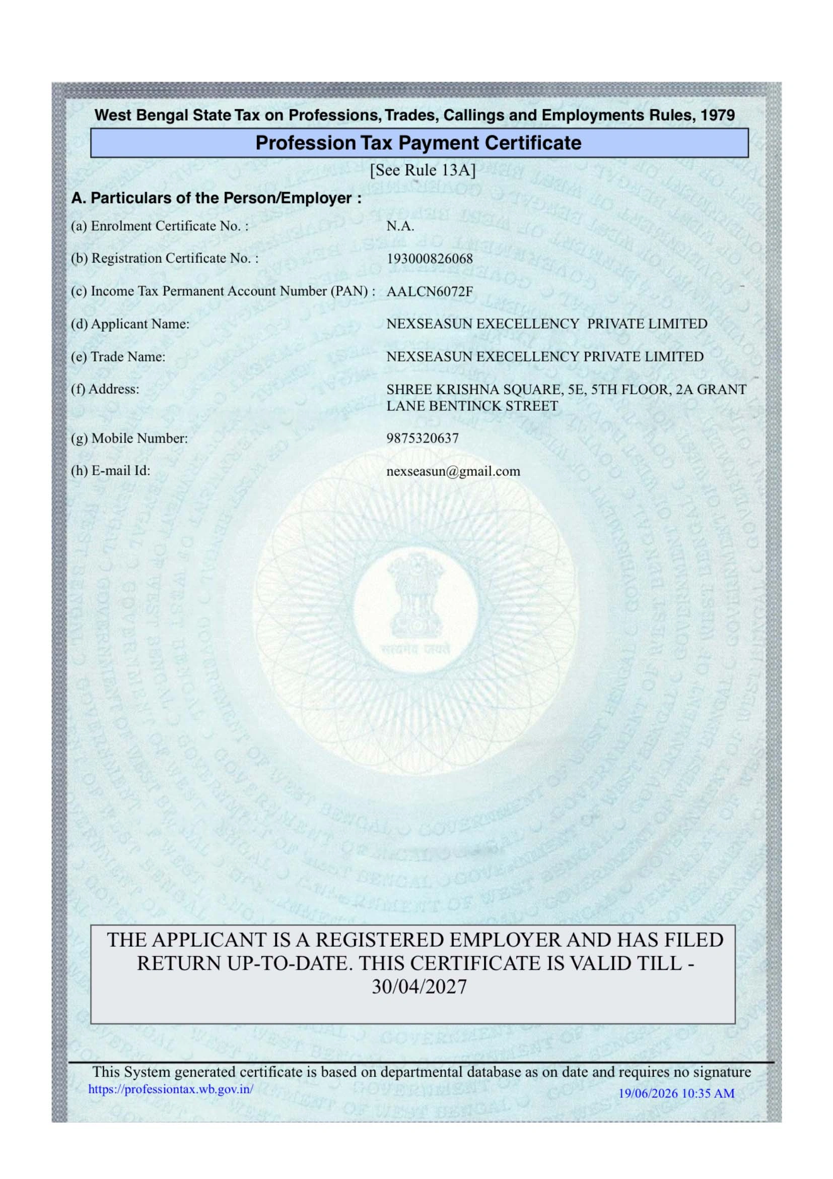 Profession Tax Certificate